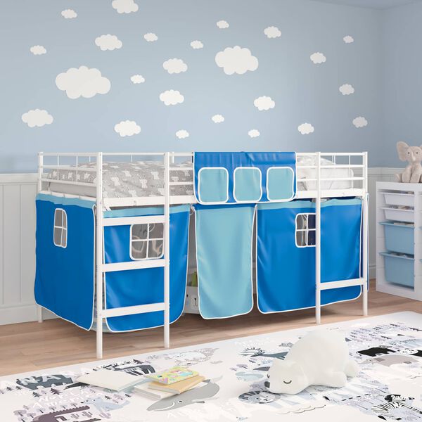 vidaXL Cadre de Lit Mezzanine pour Enfants avec Rideaux Blanc et Bleu