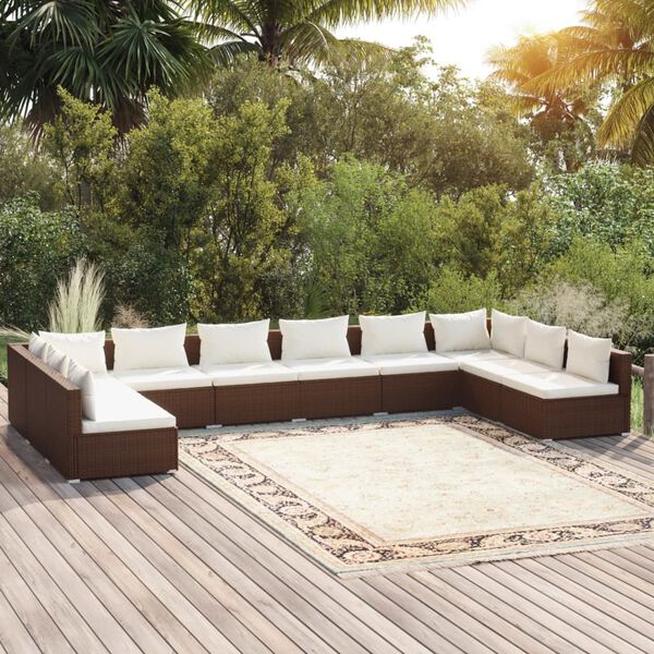 vidaXL Salon de jardin 10 pcs avec coussins R&eacute;sine tress&eacute;e Marron