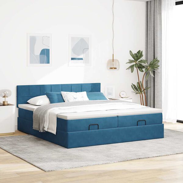 VidaXL Cadre de lit ottoman avec matelas bleu fonc&eacute; 180x200 cm velours