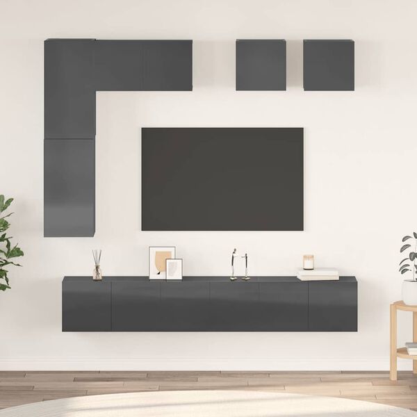 vidaXL Ensemble de meuble TV 8 pcs Gris brillant Bois d'ing&eacute;nierie