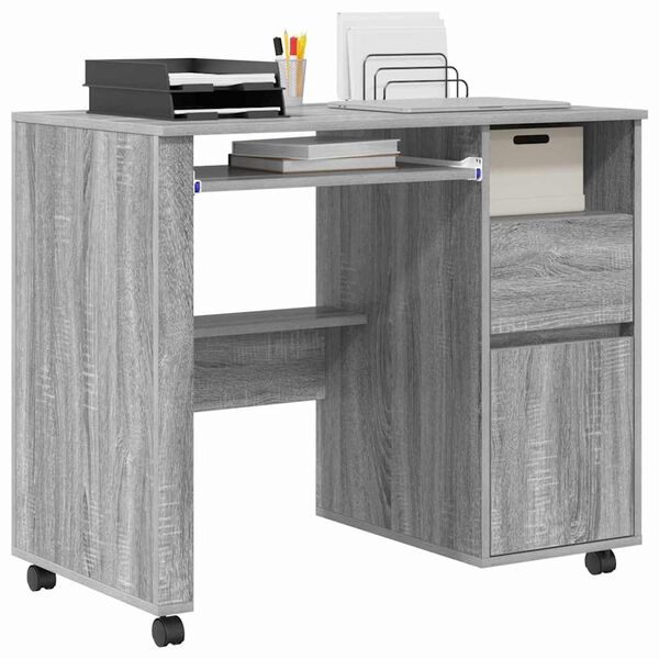vidaXL Bureau avec roulettes Gris 91 x 50 x 77 cm Bois d'ing&eacute;nierie