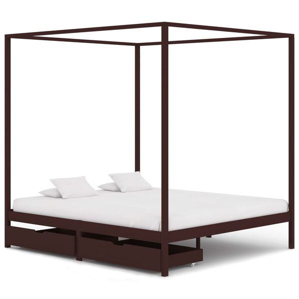 vidaXL Cadre de lit baldaquin et 2 tiroirs Marron fonc&eacute; Pin 180x200 cm