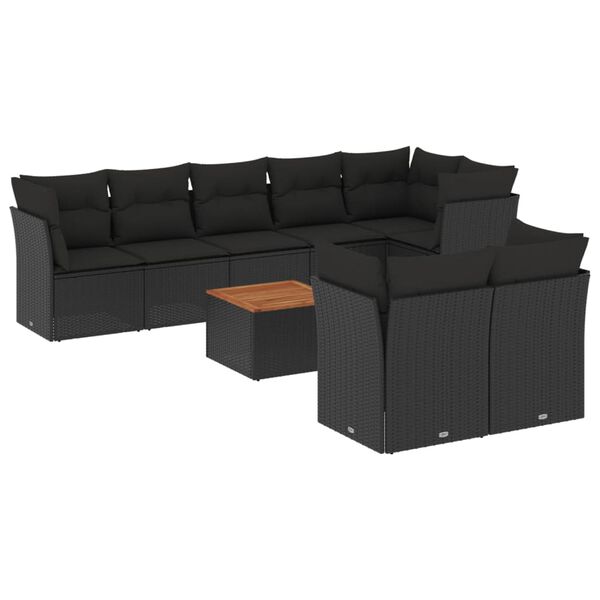 vidaXL Salon de jardin 9 pcs avec coussins noir résine tressée