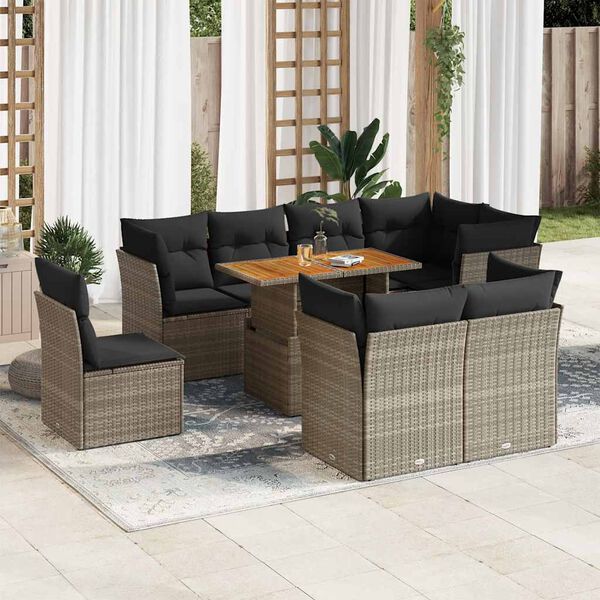 vidaXL Salon de jardin 9 pcs avec coussins gris r&eacute;sine tress&eacute;e