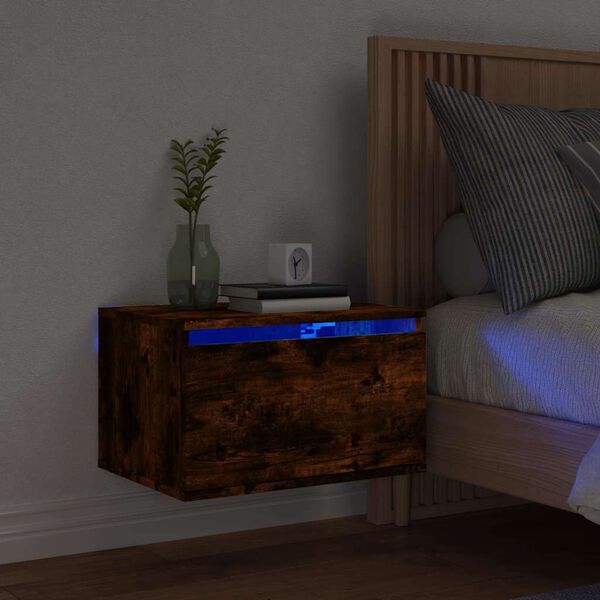 vidaXL Table de chevet murale avec lumi&egrave;res LED ch&ecirc;ne fum&eacute;