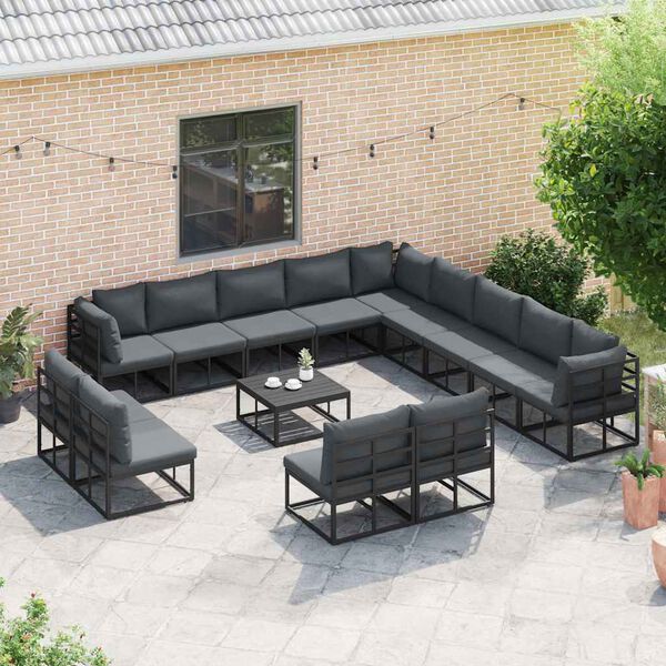 vidaXL Ensemble de canap&eacute; de jardin avec coussin 14 pcs Noir Aluminium