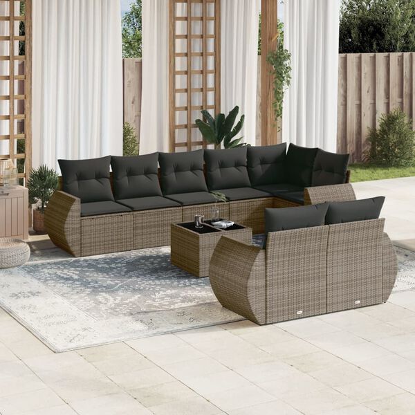 vidaXL Salon de jardin 9 pcs avec coussins gris r&eacute;sine tress&eacute;e