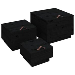 vidaXL Bo&icirc;tes de rangement et couvercles 3 pcs Noir Bois massif de pin
