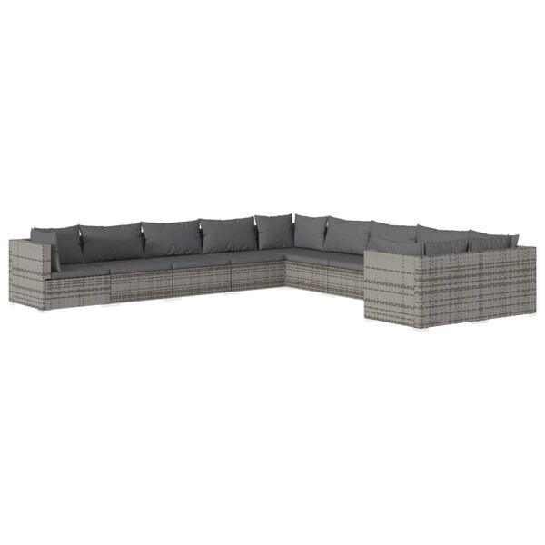 vidaXL Salon de jardin 10 pcs avec coussins Résine tressée Gris