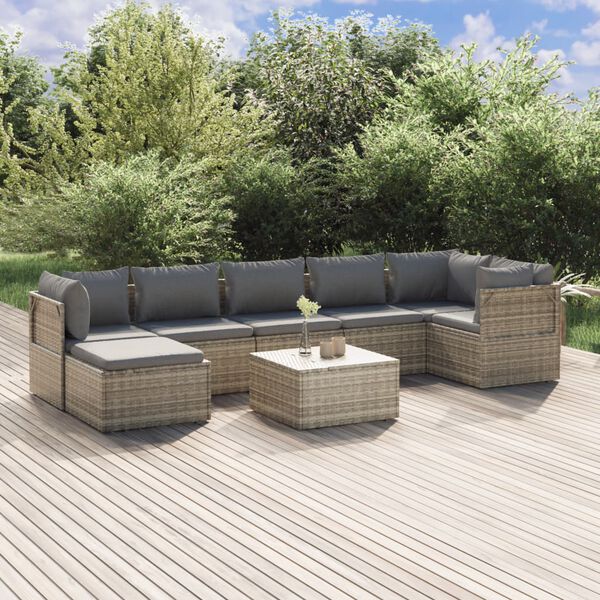 vidaXL Salon de jardin 8 pcs avec coussins Gris Résine tressée
