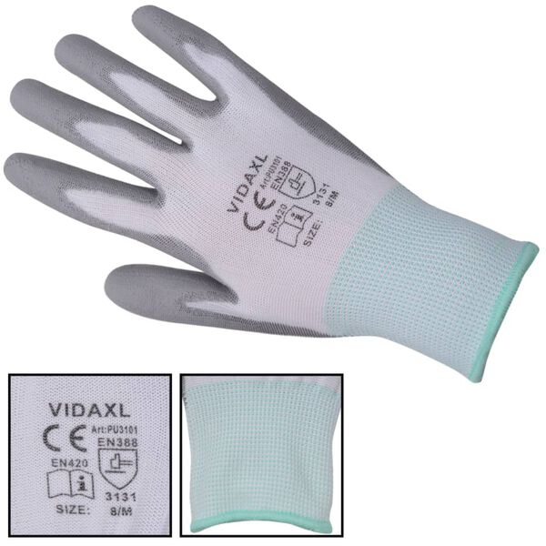 vidaXL Gants de travail PU 24 paires Blanc et gris Taille 8/M