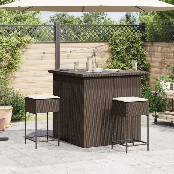 vidaXL Ensemble de bar de jardin 3 pcs et coussins brun résine tressée