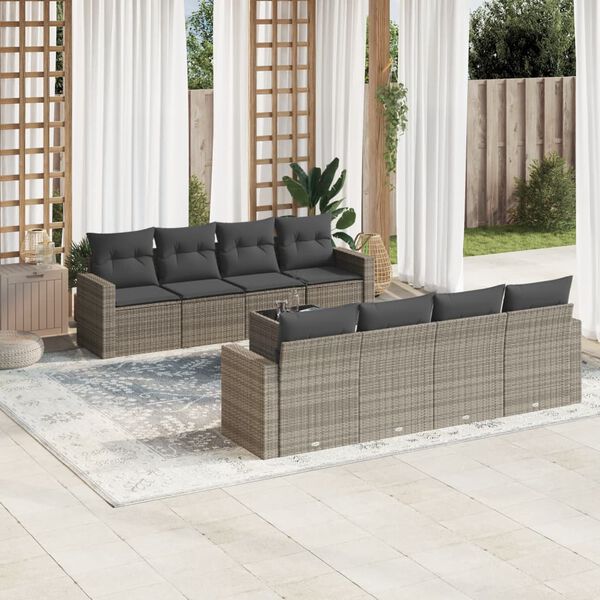 vidaXL Salon de jardin 9 pcs avec coussins gris résine tressée