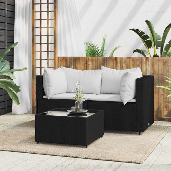 vidaXL Salon de jardin 3 pcs avec coussins Noir R&eacute;sine tress&eacute;e