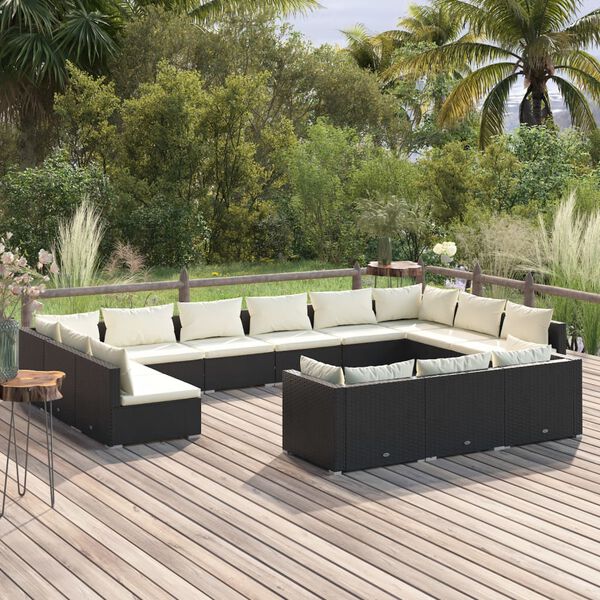 vidaXL Salon de jardin 13 pcs avec coussins Noir R&eacute;sine tress&eacute;e