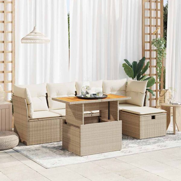 vidaXL Salon de jardin 6 pcs avec coussins beige r&eacute;sine tress&eacute;e acacia