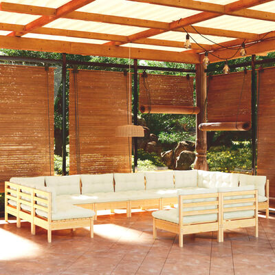 vidaXL Salon de jardin 12 pcs avec coussins crème Bois de pin massif