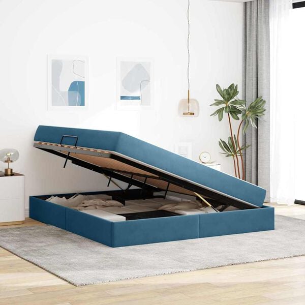 vidaXL Lit avec rangement et matelas Bleu fonc&eacute; 160 x 200 cm Velours