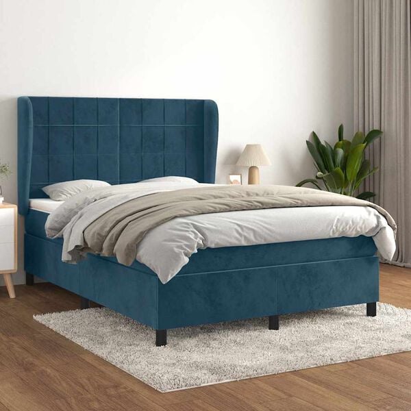 vidaXL Sommier &agrave; lattes de lit et matelas Bleu fonc&eacute; 140x190cm Velours