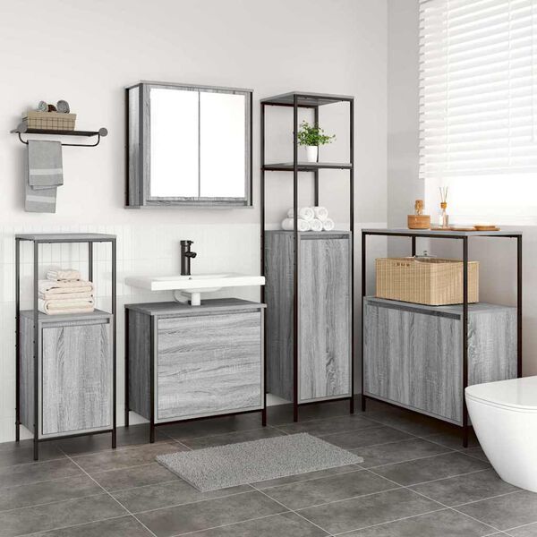 vidaXL Ensemble de mobilier de salle de bain avec &eacute;tag&egrave;re 5 pcs Gris