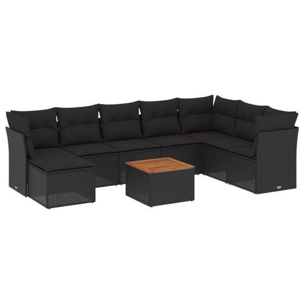 vidaXL Salon de jardin 9 pcs avec coussins noir r&eacute;sine tress&eacute;e