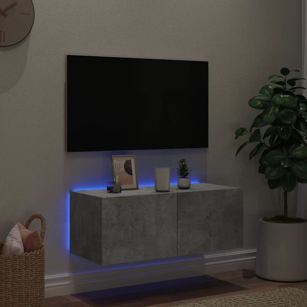 vidaXL Meuble TV mural avec lumi&egrave;res LED gris b&eacute;ton 80x35x31 cm