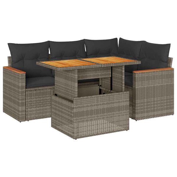 vidaXL Salon de jardin 5 pcs avec coussins gris r&eacute;sine tress&eacute;e acacia