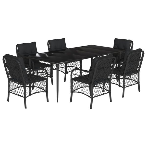 vidaXL Ensemble &agrave; manger de jardin coussins 7pcs Noir R&eacute;sine tress&eacute;e