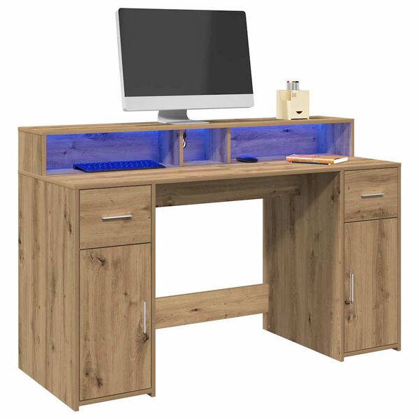 vidaXL Bureau avec lumi&egrave;res LED ch&ecirc;ne artisanal bois d'ing&eacute;nierie