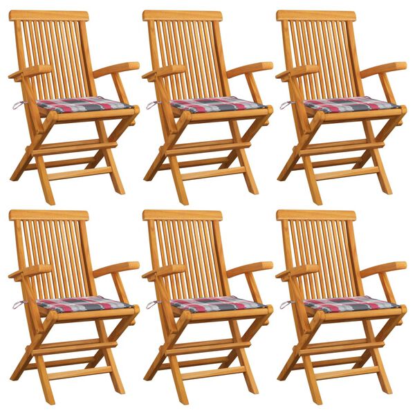 vidaXL Chaises de jardin et coussins &agrave; carreaux rouge lot de 6 Teck