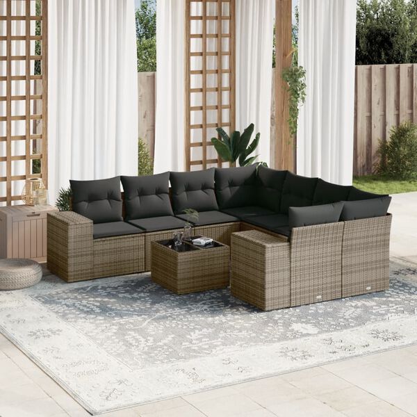 vidaXL Salon de jardin 9 pcs avec coussins gris r&eacute;sine tress&eacute;e