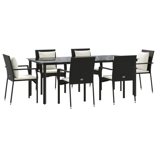 vidaXL Ensemble &agrave; manger de jardin coussins 7pcs Noir R&eacute;sine tress&eacute;e