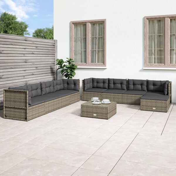 vidaXL Salon de jardin 9 pcs avec coussins Gris Résine tressée