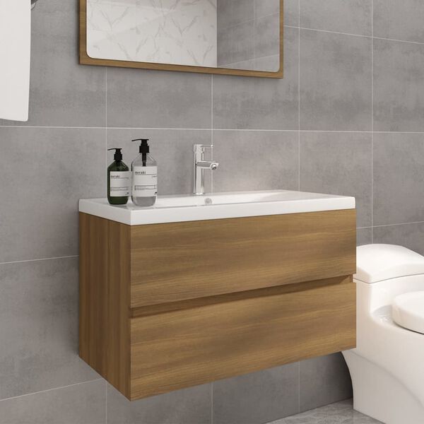 vidaXL Meuble lavabo avec bassin int&eacute;gr&eacute; Ch&ecirc;ne brun Bois d'ing&eacute;nierie