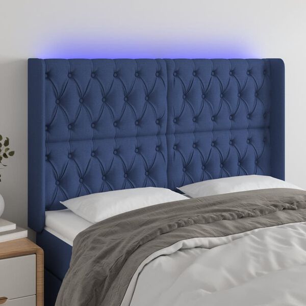 vidaXL T&ecirc;te de lit &agrave; LED Bleu 163x16x118/128 cm Tissu