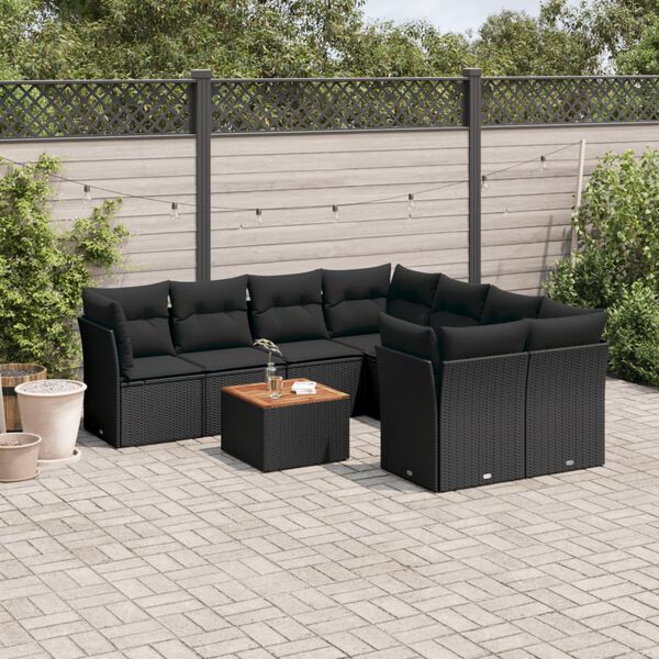 vidaXL Salon de jardin 9 pcs avec coussins noir r&eacute;sine tress&eacute;e
