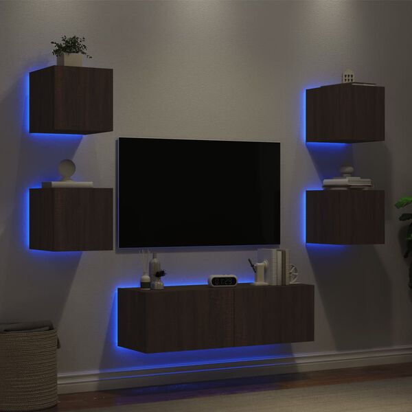 vidaXL Meuble TV muraux 5 pcs avec lumi&egrave;res LED ch&ecirc;ne marron