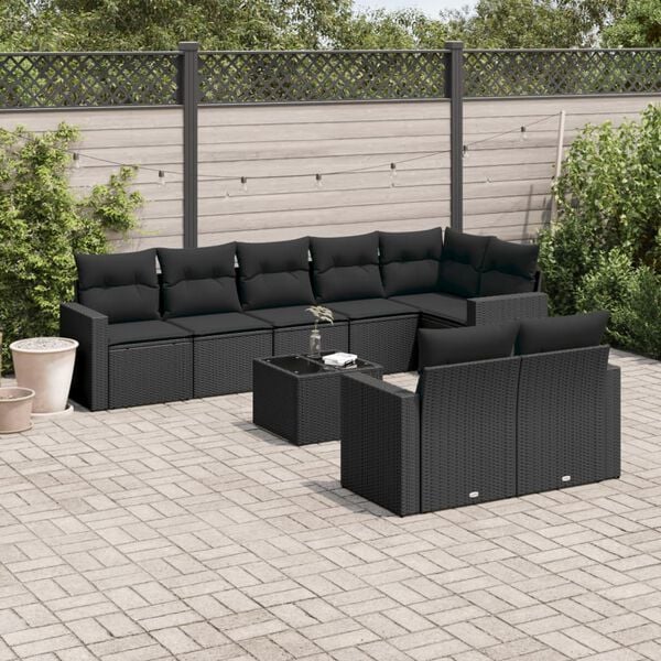 vidaXL Salon de jardin 9 pcs avec coussins noir r&eacute;sine tress&eacute;e