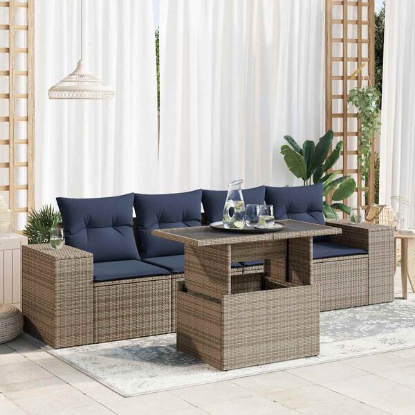 vidaXL Salon de jardin 5 pcs avec coussins gris r&eacute;sine tress&eacute;e acacia