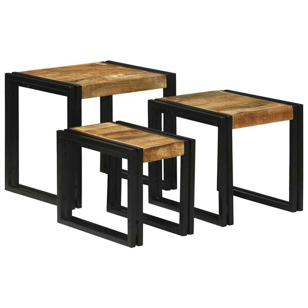 vidaXL Table Gigogne 3 pcs Bois de Mangue Massif et M&eacute;tal
