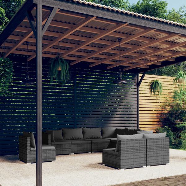 vidaXL Salon de jardin 9 pcs avec coussins R&eacute;sine tress&eacute;e Gris