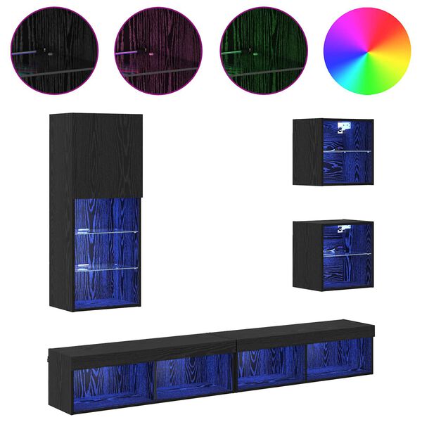 Unit&eacute;s murales TV avec LED 5 pcs Ch&ecirc;ne noir Bois d'ing&eacute;nierie