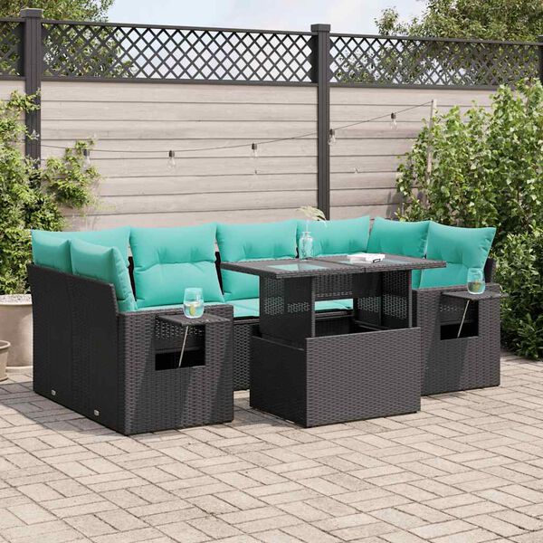 vidaXL Salon de jardin avec coussins 7pcs noir r&eacute;sine tress&eacute;e acacia