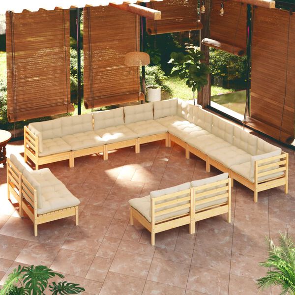 vidaXL Salon de jardin 13 pcs avec coussins cr&egrave;me Bois de pin massif