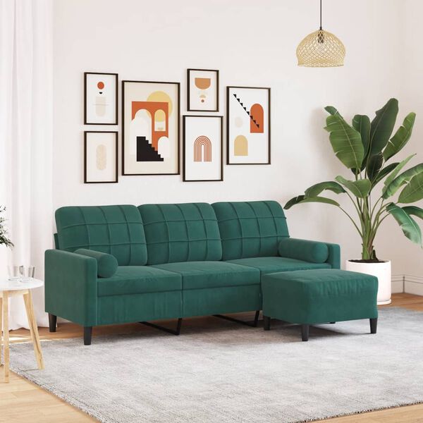 vidaXL Canapé à 3 places avec repose-pieds Vert foncé 180 cm Velours