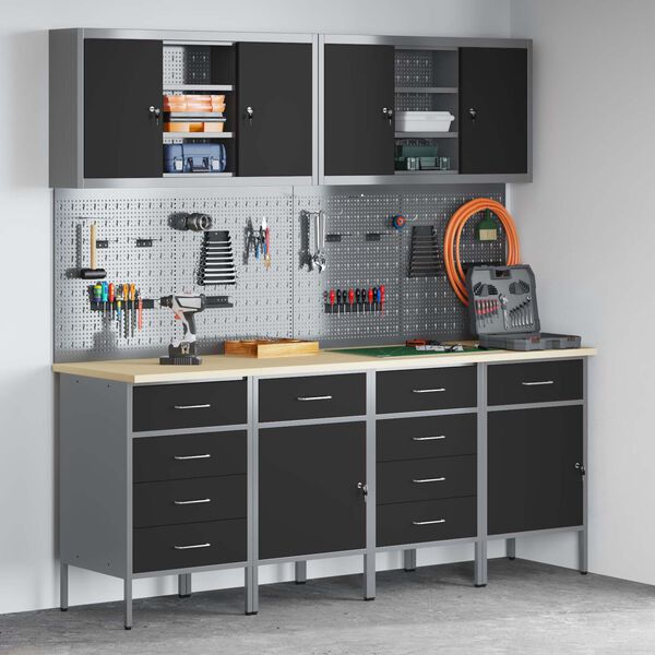 vidaXL Placard de travail 10 pcs Noir Bois d'ing&eacute;nierie et acier