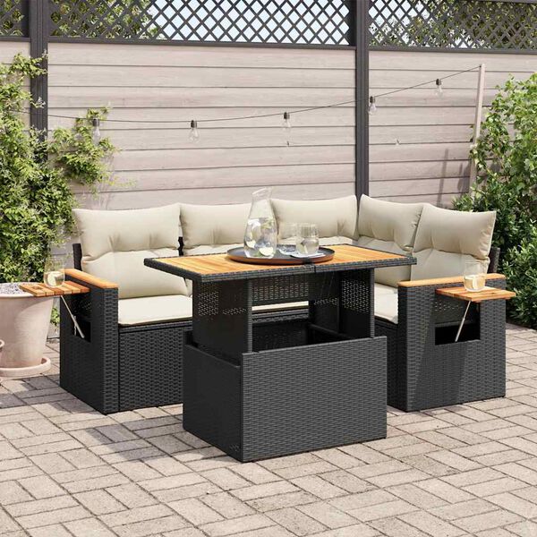 vidaXL Salon de jardin 5 pcs avec coussins noir r&eacute;sine tress&eacute;e acacia