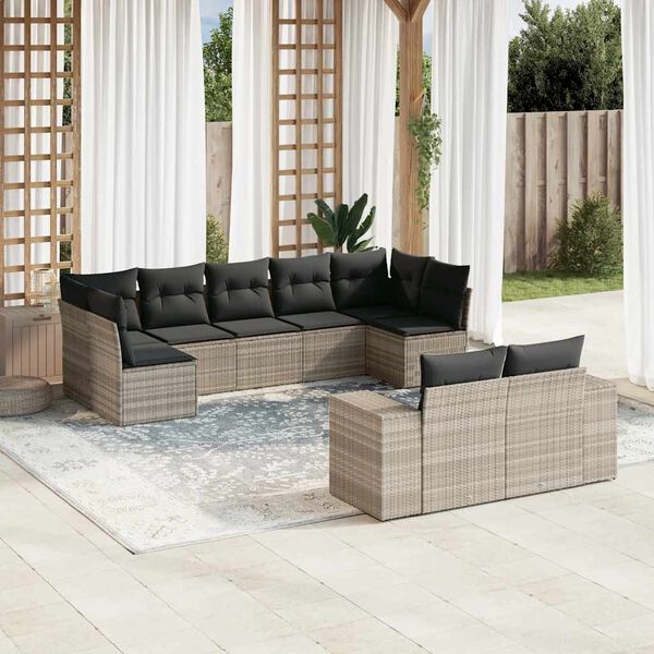 vidaXL Salon de jardin 9 pcs avec coussins gris clair r&eacute;sine tress&eacute;e