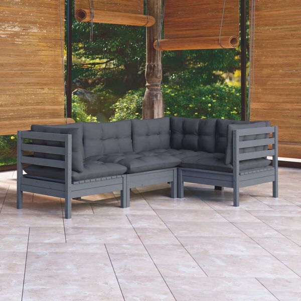 vidaXL Salon de jardin 4 pcs avec coussins Gris Bois de pin