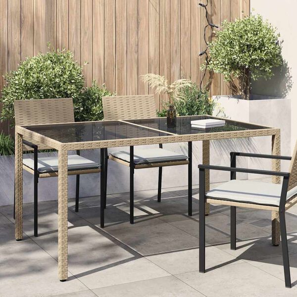vidaXL Table de jardin 150x90x75 cm Verre trempé/résine tressée Beige